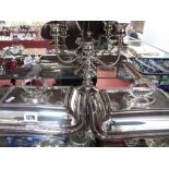 A Pair of Rectangular Plated Entree Dishes, together with a 'Made In Wales' twin branch candelabrum,