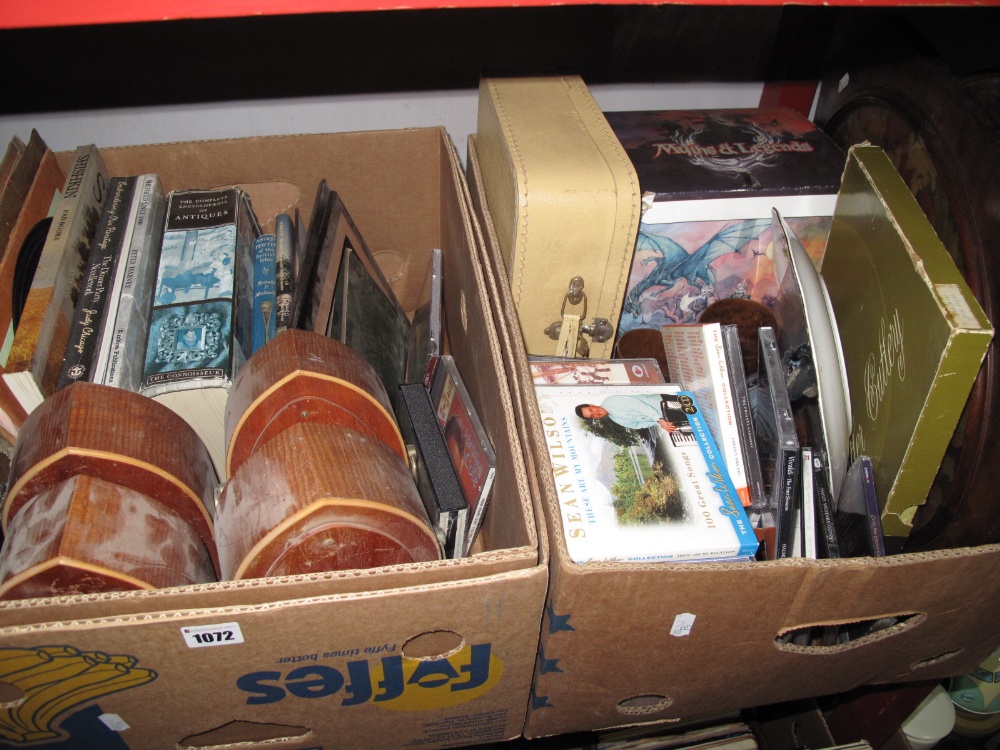 Books, clock cases, records, cutlery, needlework panel, Myths & Legends figure, etc:- Two Boxes