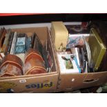 Books, clock cases, records, cutlery, needlework panel, Myths & Legends figure, etc:- Two Boxes