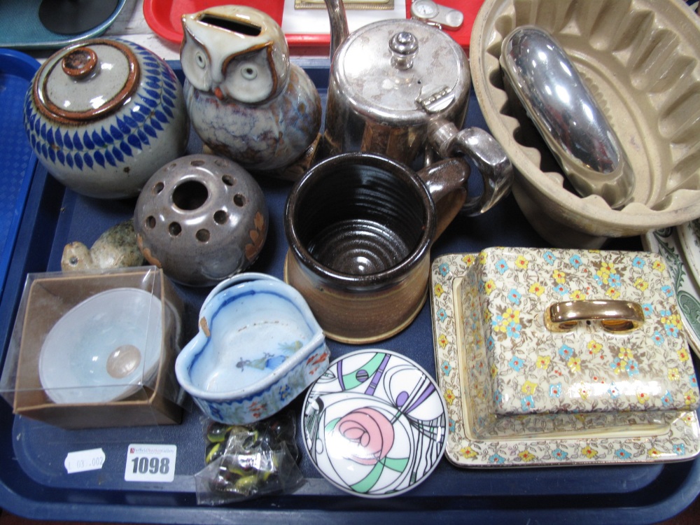 Kosta Boda Glass Vase, stoneware jelly mould, Winton butter dish, plated teapot, ceramics:- One