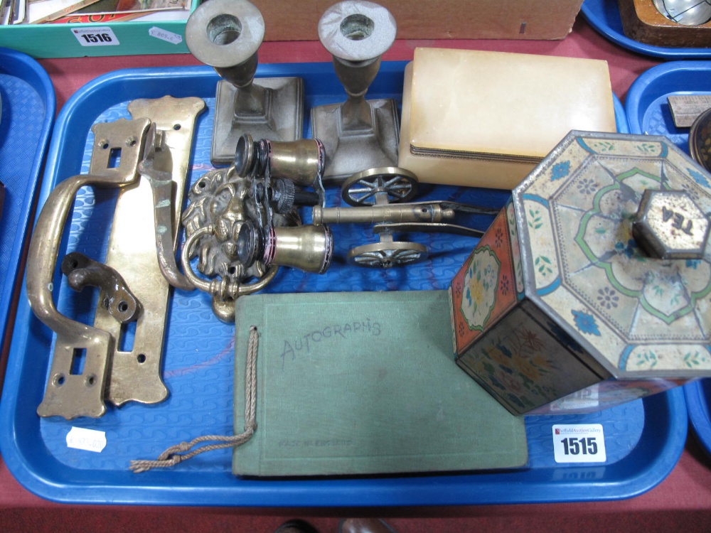 An Autograph Album, brass door handle, candlesticks, etc:- One Tray