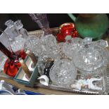 Joseph Rodgers Horn Salt and Pepper Pots, on plated bases, moulded glass dressing table trays with