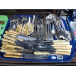 A Quantity of AI Electroplate Cutlery, ivorine handle knives, toasting fork, etc;- One Tray.