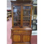 Late XX Century Secretaire Bookcase, with dental cornice, astragal upper doors and panneled cupboard