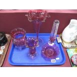 XIX Century Cranberry Glass Trumpet Shaped Vase, with a wavy rim, other cranberry glass, etc:- One