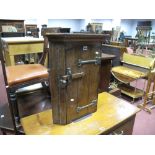 An Early XX Century Small Oak Corner Cupboard, arched door, wood latch, strap hinges.