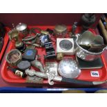 Harwix Mirakez Opera Glasses, brass walnut trinket box, knife, magnifier, etc:- One Tray