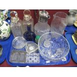 A Claret Jug, pair of whisky decanters, ashtray, other glassware:- One Tray