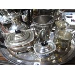Decorative Plated Tea Ware, ice bucket, pair of mugs, goblets and pitcher, oval meat plates.