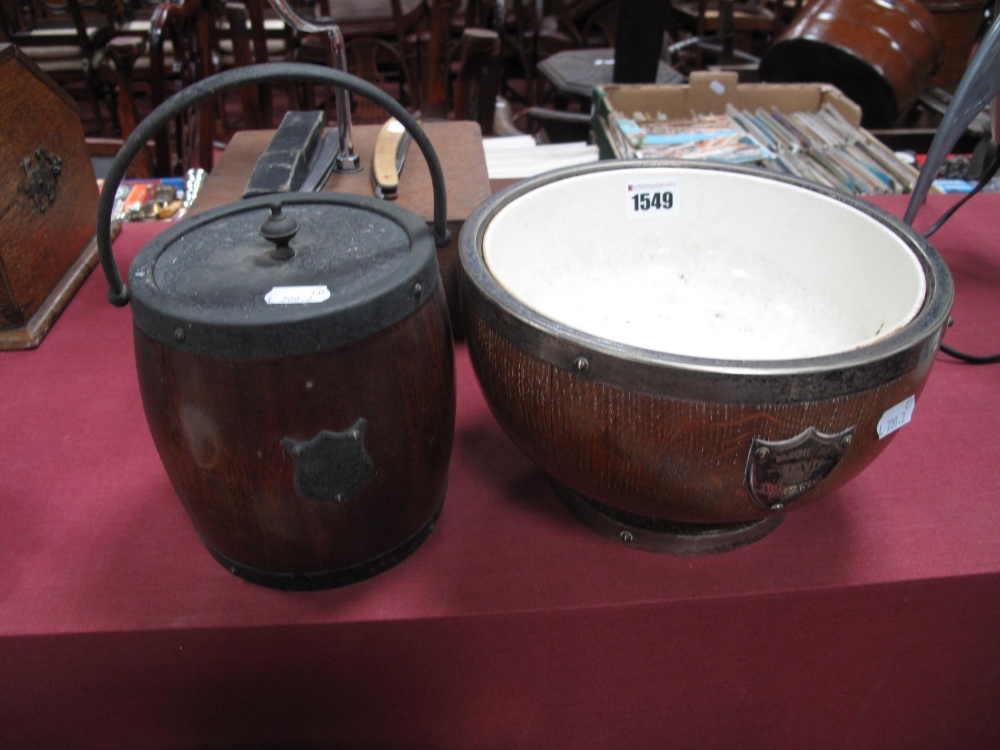 An Oak Salad Bowl, 'Made from S S Lugania', mahogany biscuit barrel 'Made from H.M.S