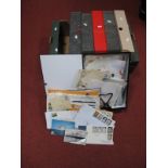 Six Box Files, including First Day Covers, postal history, postcards and stamps in packets.