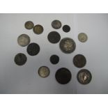 A Spanish Five Pesetas, 1883, F, fourteen further foreign coins which sometimes are silver.