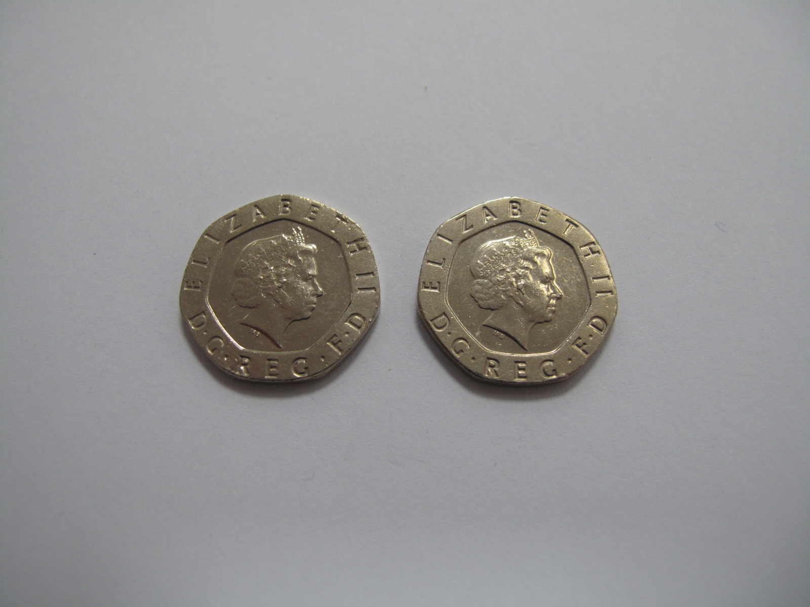 *WITHDRAWN* Two 'Undated' Twenty Pence Coins (Issued in 2008), Elizabeth II D.G Reg. FD.