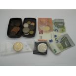 Twenty Euros in Banknotes, a modern base metal five pounds coin. Other coins.