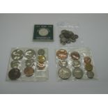 Thirty Four Silver Threepences, two 1953 plastic sets of coins (one has damaged case). An