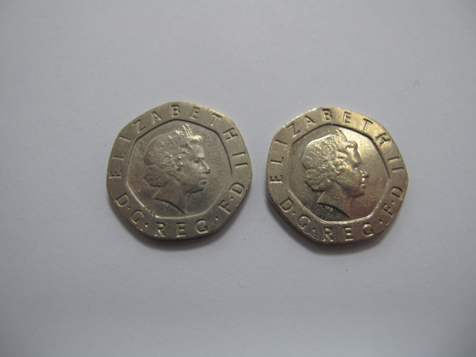 *WITHDRAWN* Two 'Undated' Twenty Pence Coins (Issued in 2008), Elizabeth II D.G. Reg FD.