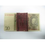 Approximately Fifty German 20 Reichsmark Banknotes (1924). High grade and regularly consecutive.