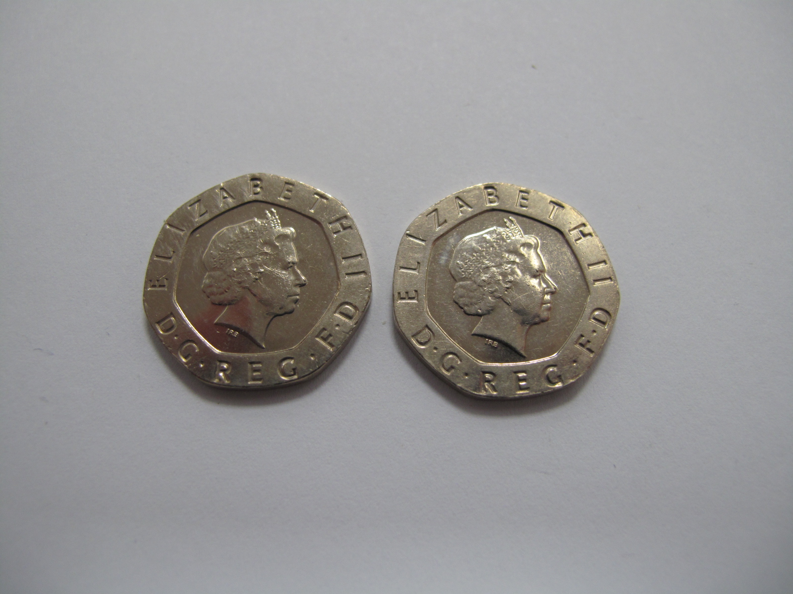 *WITHDRAWN* Two 'Undated' Twenty Pence Coins (Issued in 2008), Elizabeth II D.G Reg. FD.