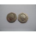*WITHDRAWN* Two 'Undated' Twenty Pence Coins (Issued in 2008), Elizabeth II D.G Reg. FD.