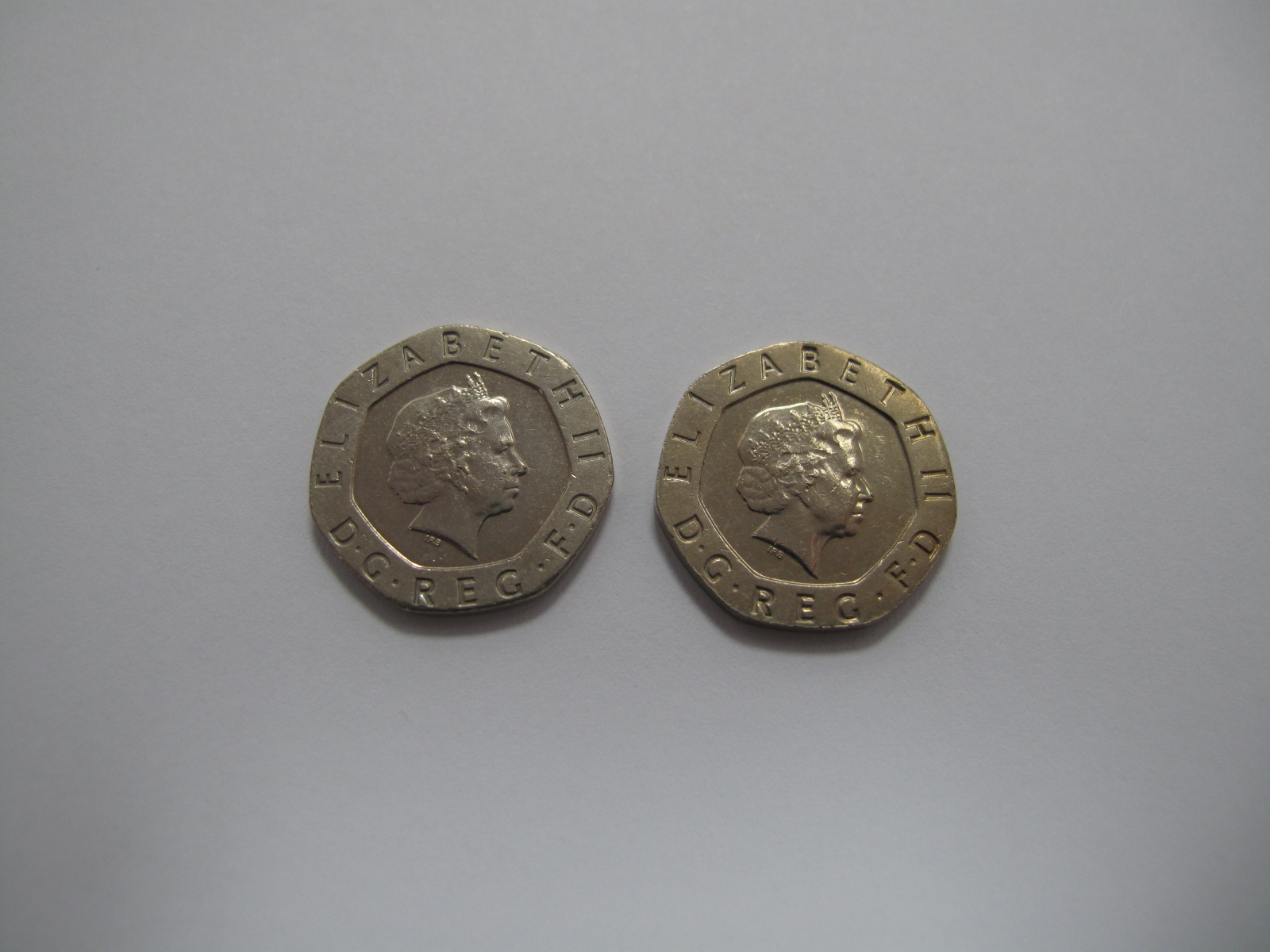 *WITHDRAWN* Two 'Undated' Twenty Pence Coins (Issued in 2008), Elizabeth II D.G. Reg FD.