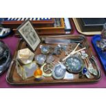 A 1930's Oak Tray, containing cloisonné dish and beaker, bone and ebony glove stretchers, onyx