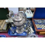 An Electroplated Tea Kettle on Stand, with burner, another plated kettle on stand, loose cutlery,