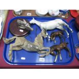 Three Beswick Pottery Horses, (damages), white metal horse head on mount, resin example:- One Tray