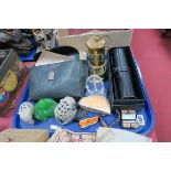Small Miners Lamp, mineral, P & O bags, Masonic bag, etc:- One Tray