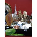 Circular oak Framed Wall Barometer, Cutlery, tray, decanters, galleon book ends, copper kettle,