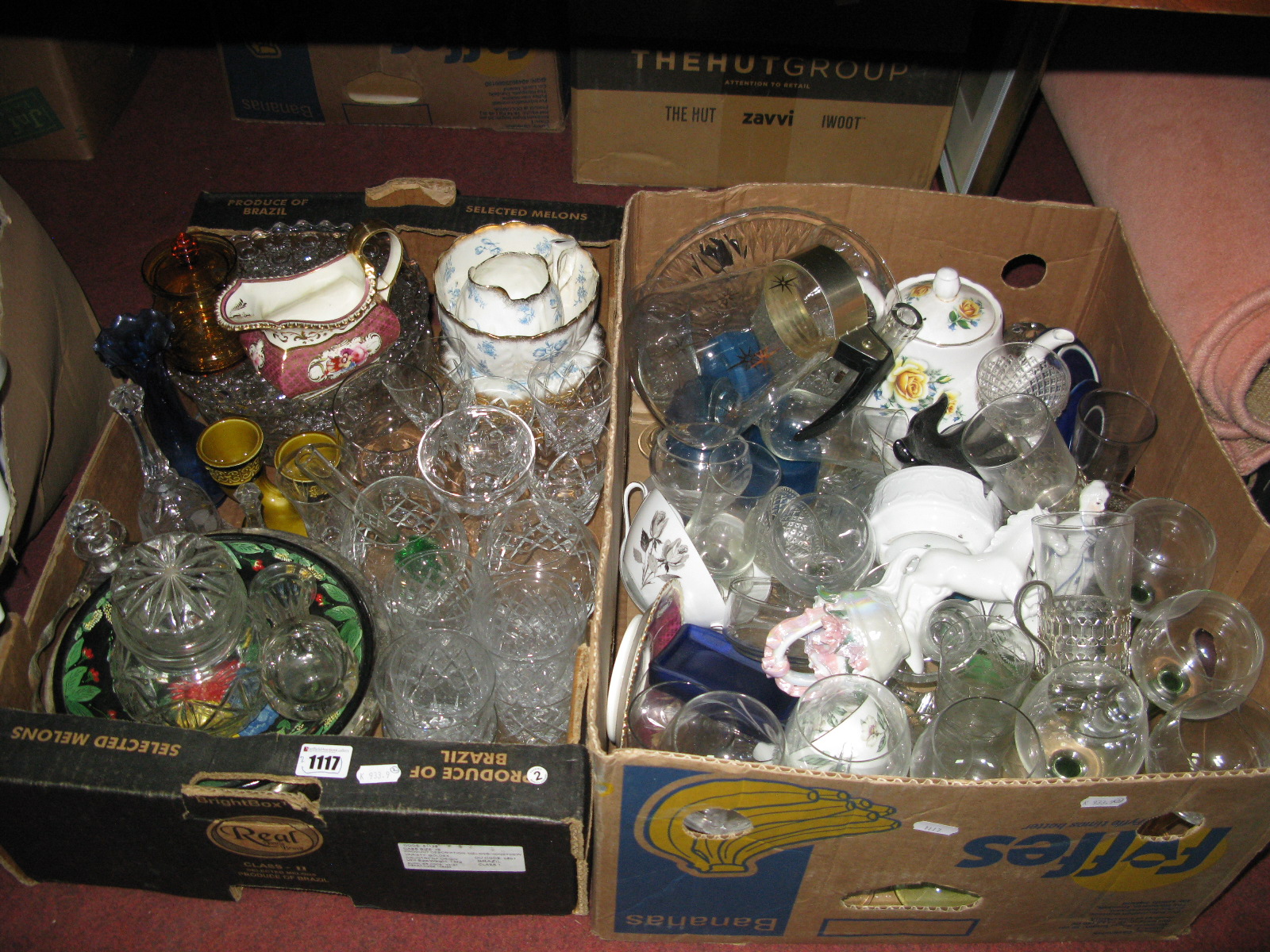 Glass Comports, lead crystal wines, brandy balloons, china wares, bowls, etc:- Two Boxes