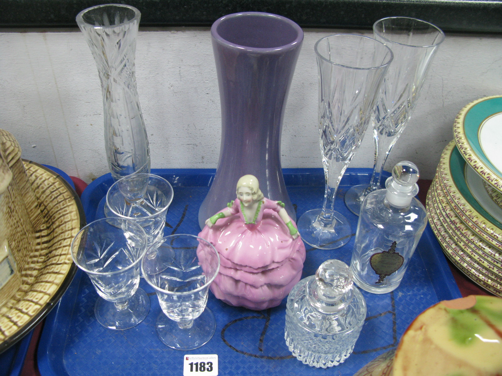 Decorative Lady Dressing Table Tidy Jar, glass stoppered bottles, vases, glasses, etc:- One Tray