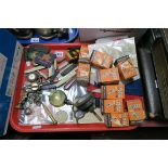 Collectables - Union Jack Flag, boxed Lumax bulbs, penknives, military cloth badges, fuel guage,