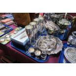 Champagne Fluted, cutlery, cake serving set, assorted spoons, cruet:- One Tray