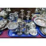Plated Candlesticks, pair of vases, chambersticks, etc:- One Tray
