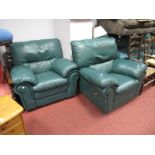 A Pair of Modern Green Leather Lounge Armchairs, including one recliner. (2)