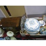 Swan Electric Walnut Mantel Clock, tureens, bulbous vase, condiment set, etc.