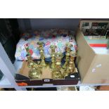 XVIII/XIX century Brass Candlesticks, XX Century patchwork bead spread:- One Box