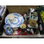 Masons Octagonal Vase, Shorter Toby jug, three Oriental figures, plates, Yorkshireman's mug:- One