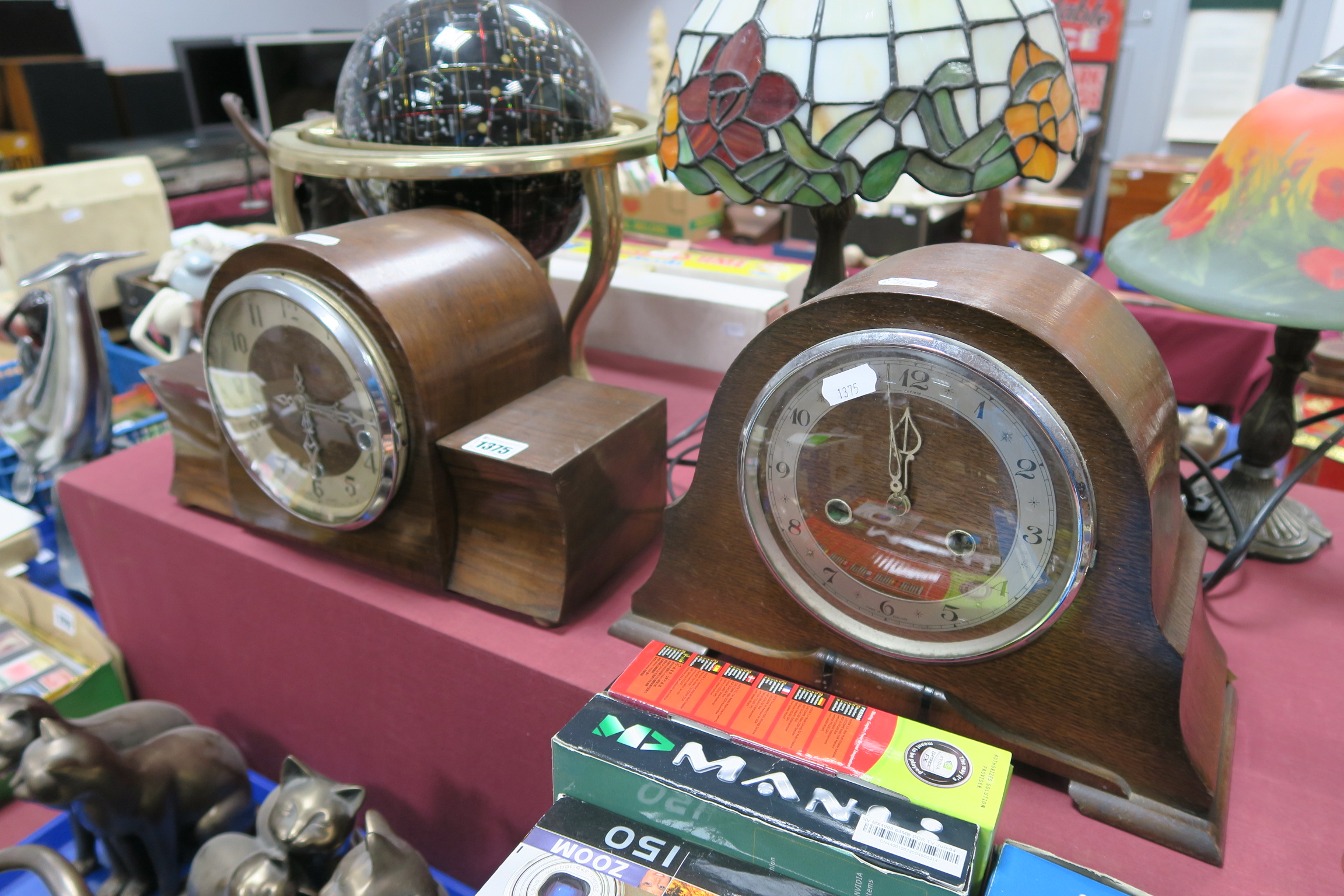 Two Circa 1930's Mantel Clocks, in oak and walnut. (2)