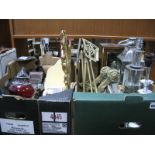 Brass Companion Set, wall clock, chrome lamps, models, mirror, etc:- Two Boxes