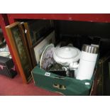 Tureens, stainless steel teapot, Royal Mail long service ties, storage tower, etc:- One Box with a