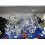 A Carnival Green Lustre Dish, lead crystal decanter, set of six sherry glasses, vases, hock glasses,