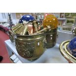 Two Brass Jardiniere's, oil lamp, copper kettle, model bus, etc.