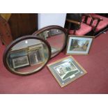 Two mahogany Framed Oval Wall Mirrors, and oil studies of 'Whiston Church' and 'Whiston Old School