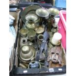 Brass Vases, dishes, goblets, weight, decorative wares, carved wooden tribal figures, mask, etc:-