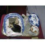 A Pair of XIX Century Baby's Cloggs, silver Albert medal, XIX Century willow pattern meat plate,