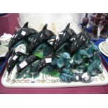 A Collection of Poole Pottery Dolphins, various sizes, in turquoise and black glazes, printed marks,