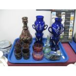 Mdina Style Sea Horse Paperweight and Ashtray, silvered and amethyst glass liqueur set, cranberry