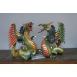 A Pair of Chinese Painted Wooden Dragon Figures.