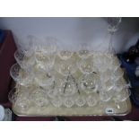 Six Webb Corbett Champagne Glasses, other drinking glasses, decanter:- One Tray